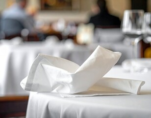 Elegantly folded white cloth napkin on a pristine table in a blurred fine dining restaurant