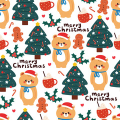 seamless pattern cute cartoon bear and christmas element drawing for christmas wallpaper