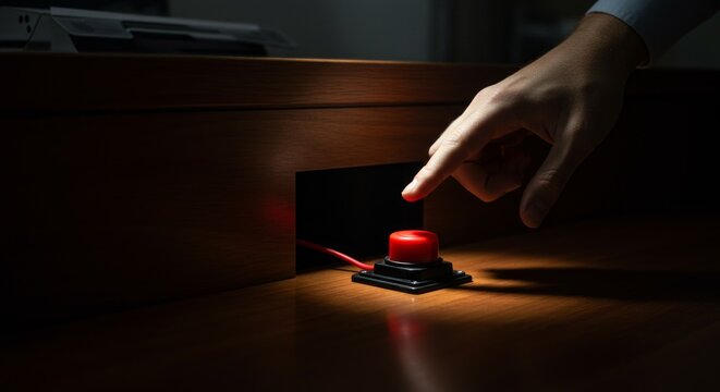 Man's hand about to press big red panic button on wooden desk, emergency alert concept