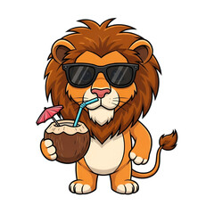 Cool lion enjoying summer with coconut drink and sunglasses character