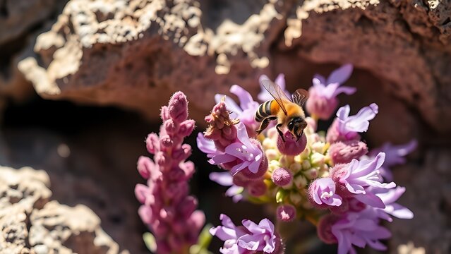 hyssop. Close-up of purple hyssop flowers in a rocky crevice with a bee collecting pollen in sunlight. gardening catalogs, home-decor guides, designed for home decor and floral branding.