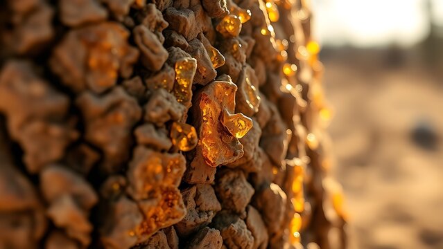 boswellia. Close-up of a tree trunk with golden resin droplets glistening in sunlight. gardening catalogs, home-decor guides, designed for home decor and floral branding, used by hr managers.