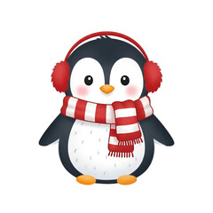 Cute penguin wearing earmuffs and scarf, perfect for winter holiday fun
