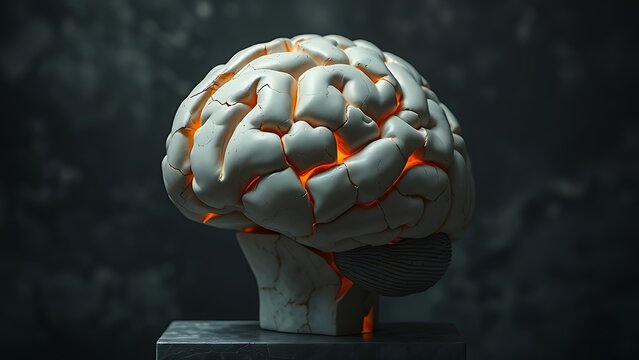 psychological. A cracked marble brain sculpture with fading internal light on a dark background. wellbeing guides, coaching materials, designed for coaching and self-improvement content.