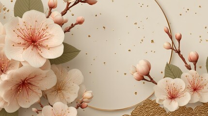 Luxury metallic new year background, textured beige with gold specks, symmetrical floral arrangement, circle frame for text 