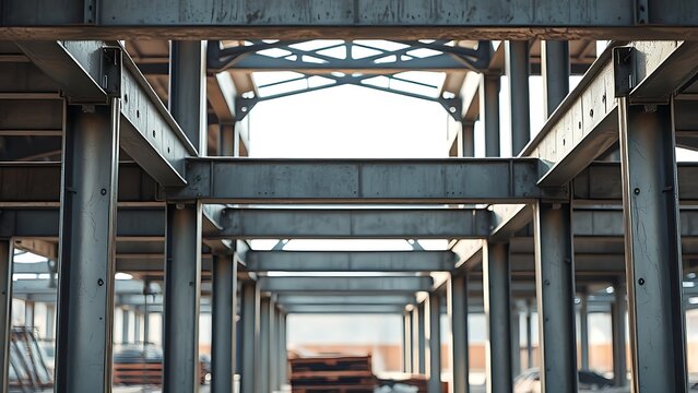 ibeam. Exposed steel I-beam support structure on a construction site with metallic textures. real-estate listings.