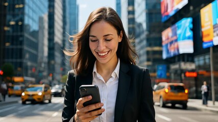 Smiling woman walks down the street looking at smartphone, communication, connection in digital modern life. Young businesswoman reading message on phone, expressing joy with social interaction. - Powered by Adobe