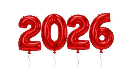 Shiny red foil balloons forming the year 2026, isolated, concept of new year celebration and future event