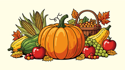 Festive Fall Harvest Illustration Pumpkin Corn Apples and Basket
