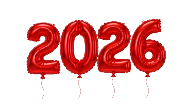 Shiny red foil balloons forming the year 2026, isolated, concept of new year celebration and future event