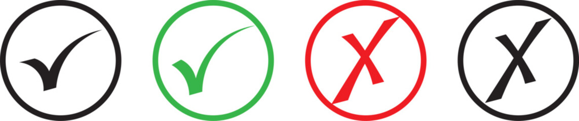 Obraz premium Tick, cross icon set. Yes or no symbol, approved or rejected icon for user interface. Green tick and red cross checkmarks. Green tick and red cross checkmarks. Right or wrong icons