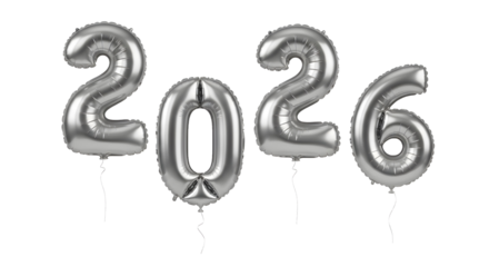 Shiny silver foil balloons forming the number 2026, isolated, celebration, new year concept on white