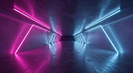Interior concrete tunnel illuminated with contrasting neon light strips creates a futuristic pathway