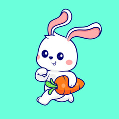 Cute Rabbit Running With Carrot Cartoon