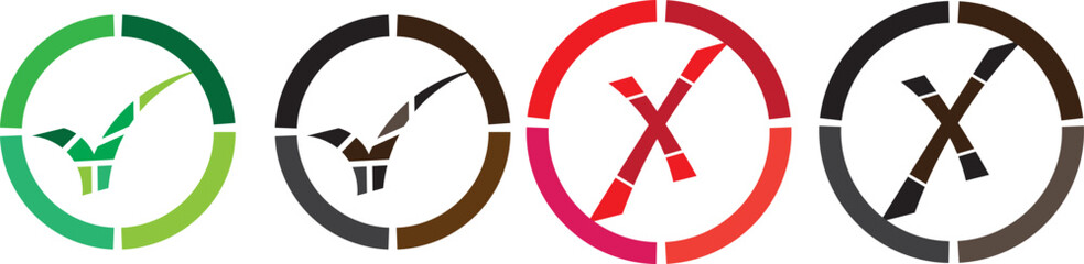 Obraz premium Tick, cross icon set. Yes or no symbol, approved or rejected icon for user interface. Green tick and red cross checkmarks. Green tick and red cross checkmarks. Right or wrong icons