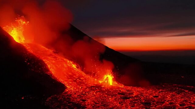 Abstract view of lava flows creating intricate patterns and cracks as it cools, emphasizing the contrast between the fiery interior and solidifying crust.