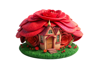Whimsical cottage house rose petals roof fairy tale architecture, isolated on a transparent background