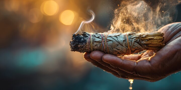 Smoldering Sage Bundle in Hand - A Cleansing Ritual of Smoke and Light.