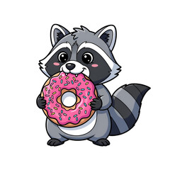 Cute raccoon enjoys a sweet donut snack with pink frosting joyfully
