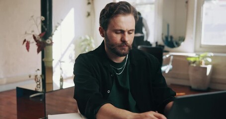 Reading, note or people in salon with laptop, booking or inventory management in store maintenance. Review, tech or hairdresser in studio with notebook, client record or schedule update in barbershop