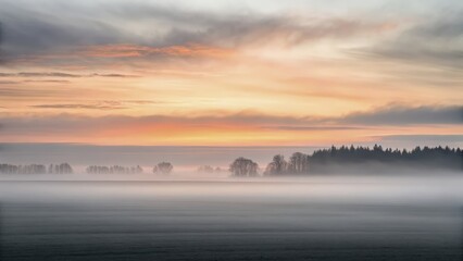 A serene landscape of foggy fields and distant forests at sunrise with soft light