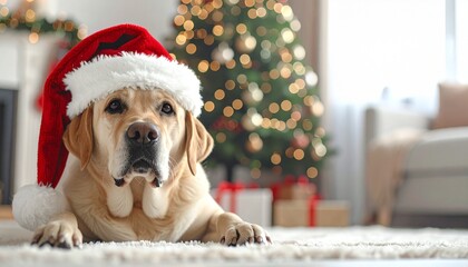 Cute dog wearing a christmas hat with lights and decoration in the background
