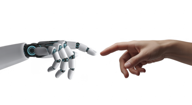 Robotic hand and human finger reaching towards each other isolated on a transparent background