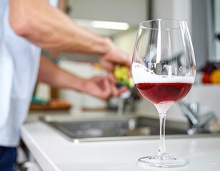 A refreshing glass of bubbly red wine on a pristine kitchen counter while someone washes dishes