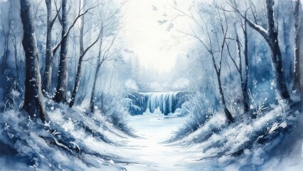 Fototapeta premium A watercolor painting of a snowy forest path leading towards a cascading waterfall