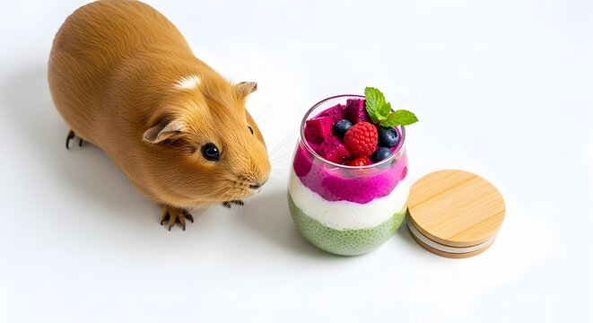 cute guinea pig sniffing a glass jar of layered fruit parfait for healthy eating blogs, pet care information, funny animal photo content, and recipe presentation