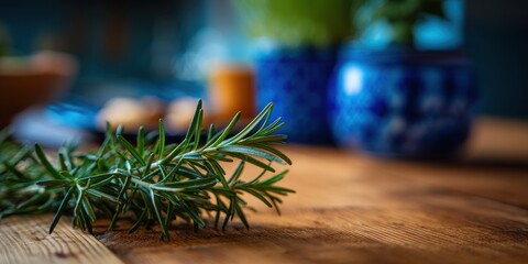 Fresh Rosemary Sprig on Wooden Surface with Blue Vases.