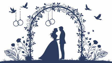 Elegant wedding silhouette of couple under floral arch with doves and rings, perfect for romance
