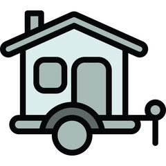 A stylized light blue and grey portable tiny house on wheels with a chimney and window depicted in a simple flat design icon on a transparent background ideal for representing mobile living or travel