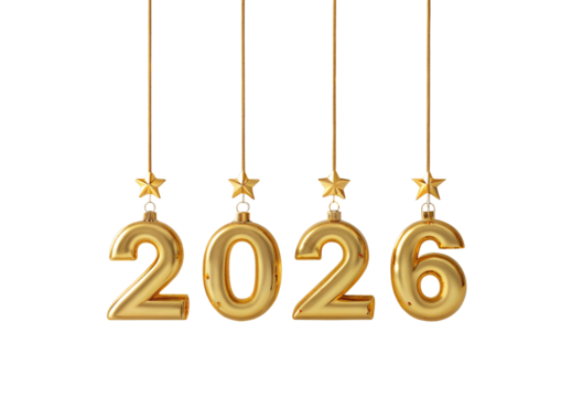Golden 2026 ornament numbers stars hanging decoration celebration, isolated on a transparent background