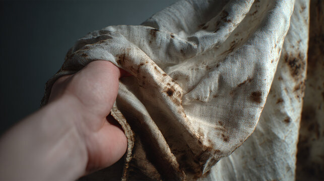 A hand holding a bloodied cloth, suggesting a scene of violence. The cloth has dark stains, and the overall atmosphere is one of mystery and foreboding