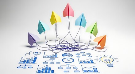 Elevate your brand with vibrant paper airplanes soaring above business charts, a symbol of innovative strategies and dynamic growth ready for your project