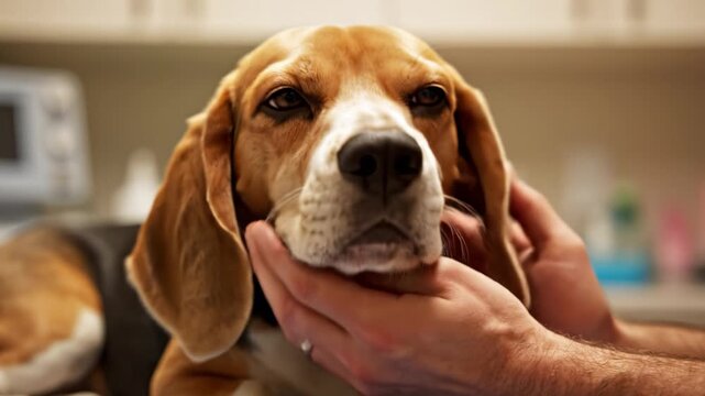 Sad beagle dog lies on blue towel while veterinarian hand pets head. Scene conveys care in medical setting, ideal for veterinary and animal health concepts.