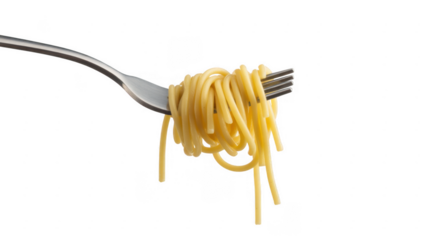 Spaghetti noodles twirled on a metal fork isolated on a transparent background