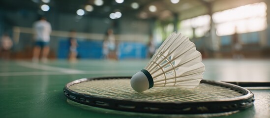 Shuttlecock on Badminton Racket in Indoor Court Setting.