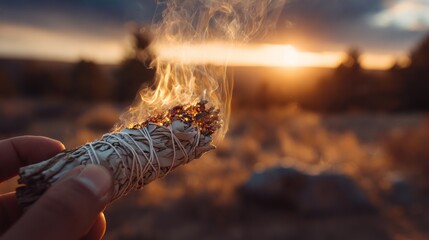 Smudging Ritual at Sunset - Cleansing with Sacred Sage.
