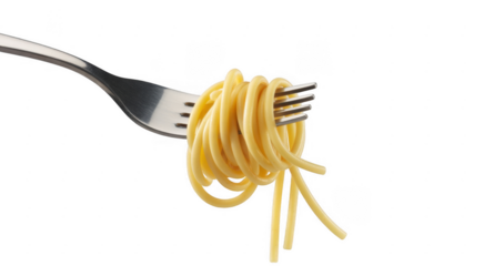 Spaghetti pasta twirled on a metal fork isolated on a transparent background
