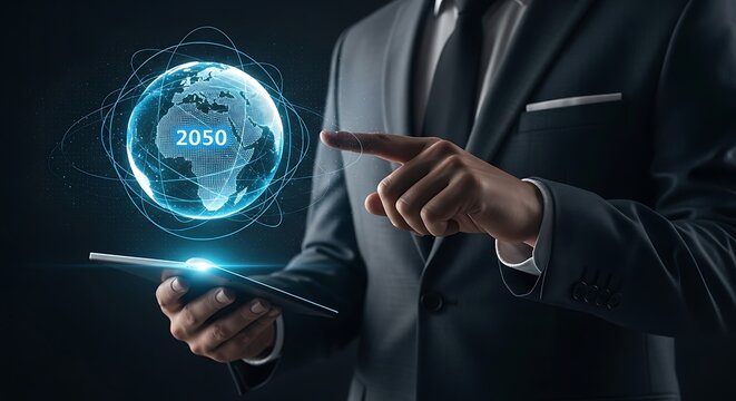 Visionary businessman using future tech to plan for 2050, creating a sustainable planet with digital innovation and global business strategy for success