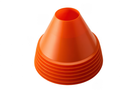 Stack of bright orange plastic traffic cones isolated on a transparent background