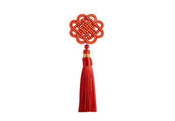 Obraz premium Red and gold Chinese decorative knot tassel with intricate woven pattern, isolated on a transparent background