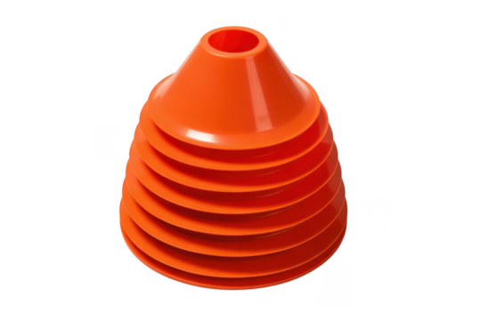 Stack of bright orange traffic cones isolated on a transparent background