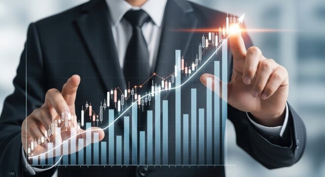 Businessman interacting a holographic financial graph market growth investment success
