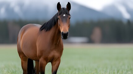Brown horse close-up in field with mountains, animal portrait. Agriculture, nature, purebred, livestock, ranch, freedom, power.