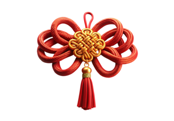 Red and gold mystic knot decoration with tassel and looped design, isolated on a transparent background