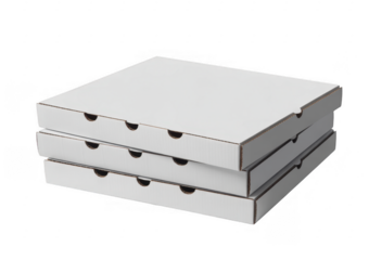 Stack of three white cardboard pizza boxes isolated on a transparent background