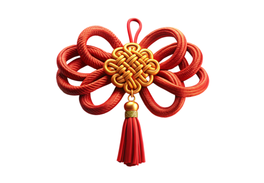 Red and gold mystic knot decoration with tassel and looped design, isolated on a transparent background